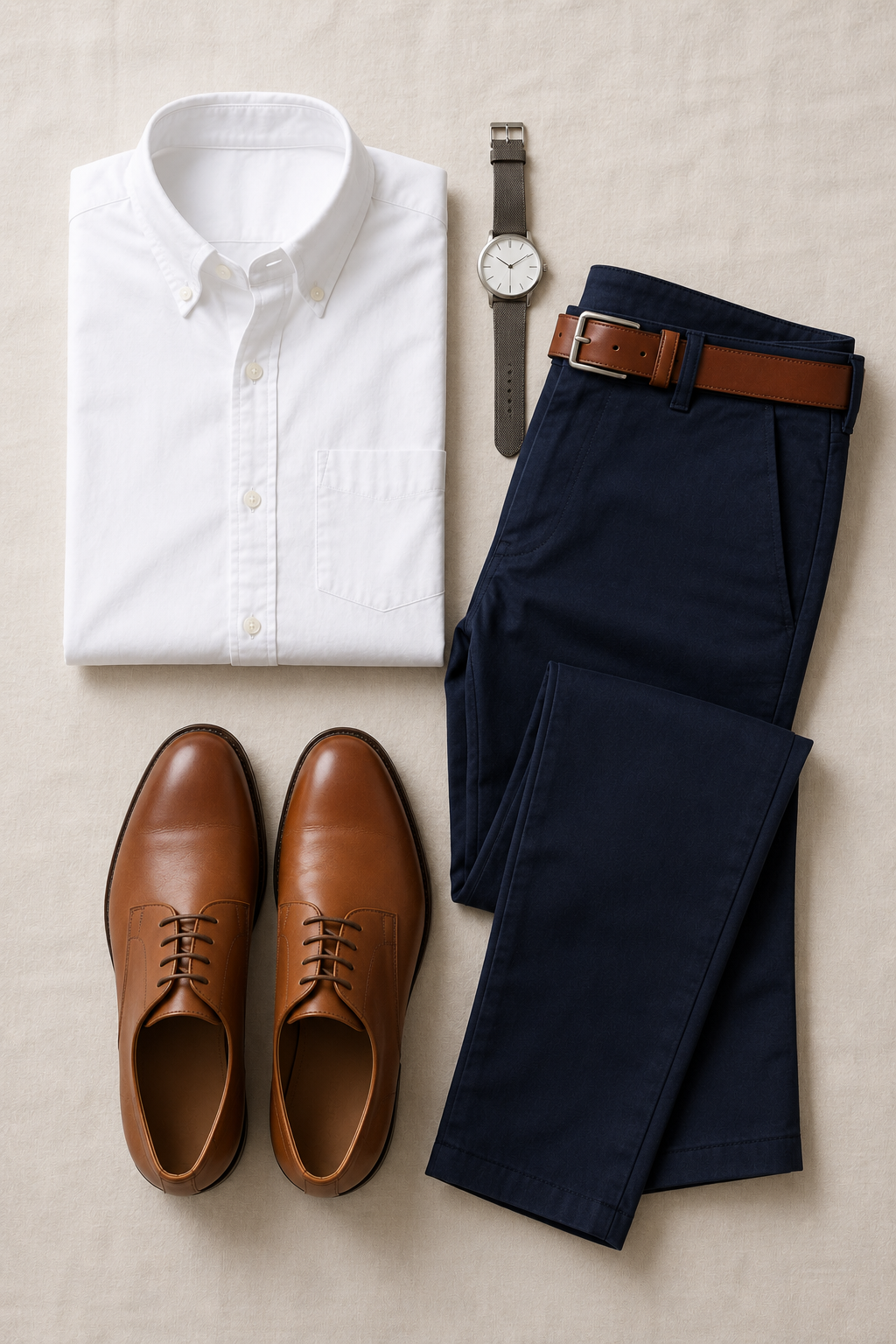 The Meeting Look outfit flat-lay — white oxford shirt, navy chinos, brown belt, tan derby shoes, steel watch